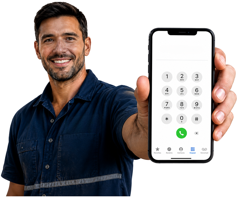 Concord Blocked Drains plumber holding a phone — call 1300 261 965