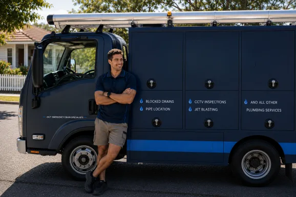 Our plumber with the service van on a Concord job
