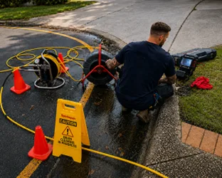 Plumber checking a blocked drain on a Concord job