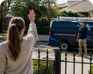 Customer waving goodbye to a Concord Blocked Drains plumber